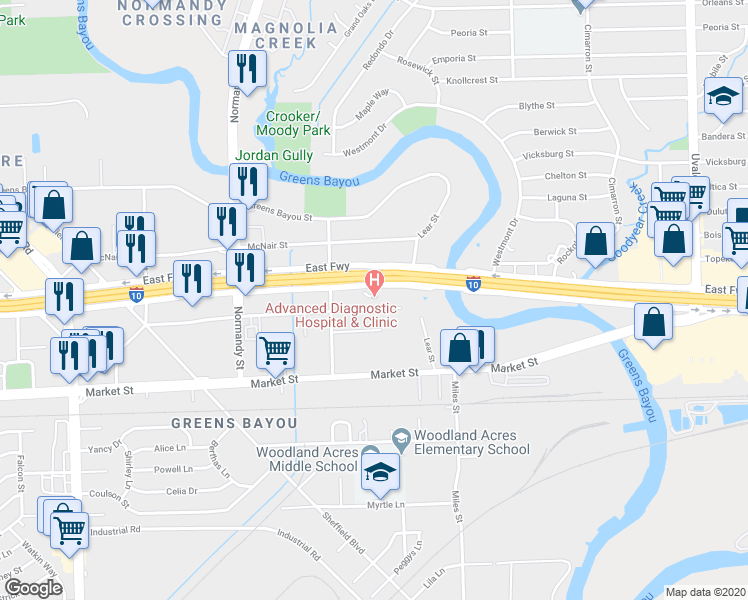 map of restaurants, bars, coffee shops, grocery stores, and more near 12950 East Freeway in Houston