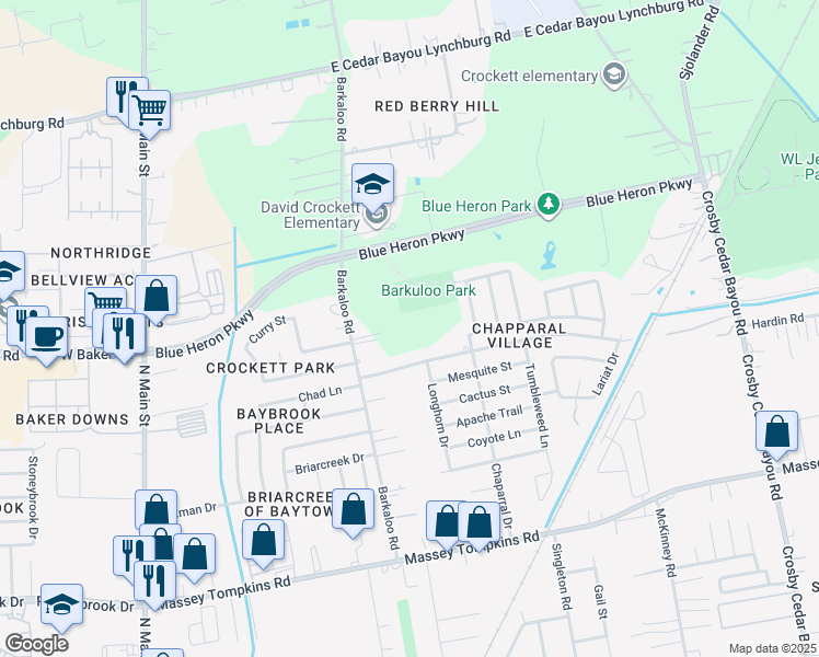 map of restaurants, bars, coffee shops, grocery stores, and more near 4218 Barkaloo Road in Baytown