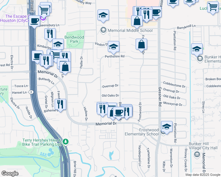 map of restaurants, bars, coffee shops, grocery stores, and more near 12519 Overcup Drive in Houston