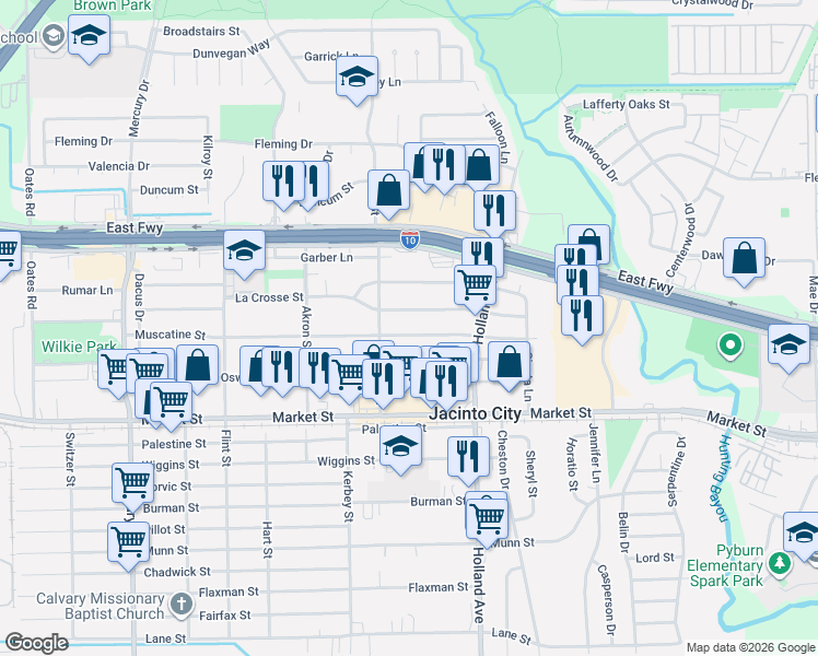 map of restaurants, bars, coffee shops, grocery stores, and more near 10921 Muscatine St in Houston