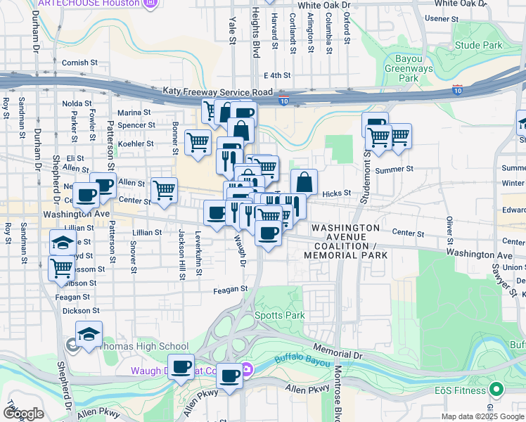 map of restaurants, bars, coffee shops, grocery stores, and more near 102 Heights Boulevard in Houston