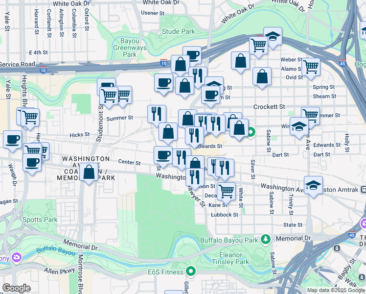 map of restaurants, bars, coffee shops, grocery stores, and more near 1215 Sawyer Street in Houston