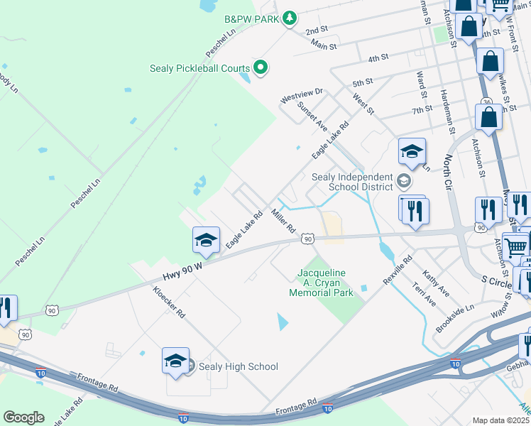 map of restaurants, bars, coffee shops, grocery stores, and more near 1528 Eagle Lake Road in Sealy