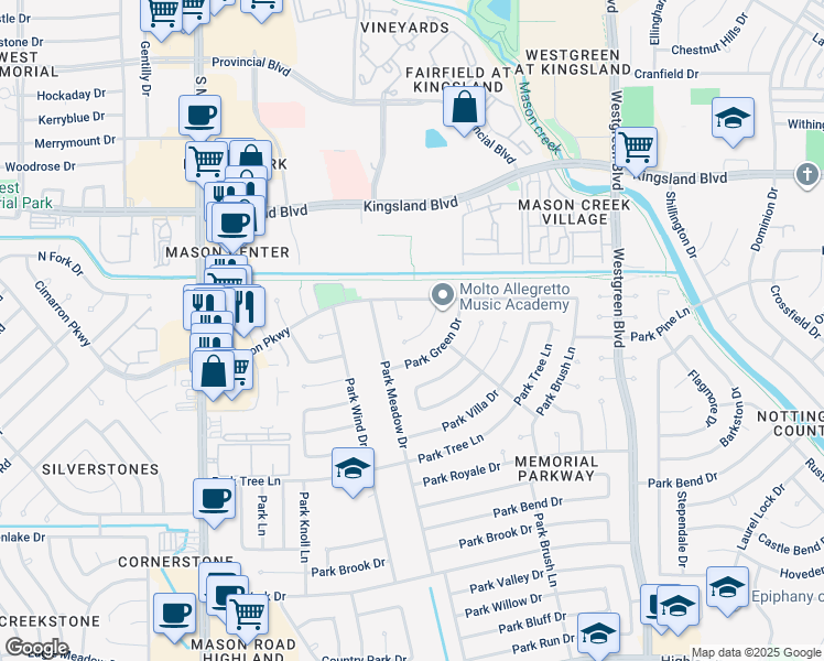 map of restaurants, bars, coffee shops, grocery stores, and more near 21414 Park Downe Lane in Katy