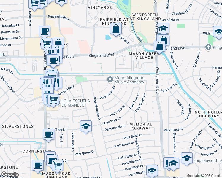 map of restaurants, bars, coffee shops, grocery stores, and more near 21322 Park Green Drive in Katy
