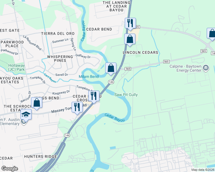 map of restaurants, bars, coffee shops, grocery stores, and more near 5001 Texas 146 in Baytown