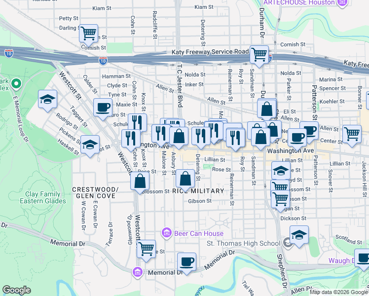 map of restaurants, bars, coffee shops, grocery stores, and more near Washington Ave & T C Jester Blvd in Houston