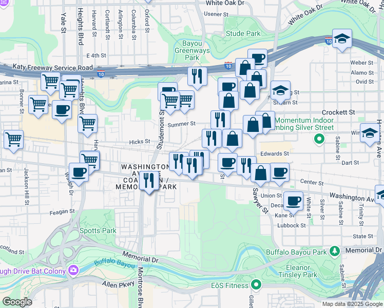 map of restaurants, bars, coffee shops, grocery stores, and more near 1200 National Street in Houston