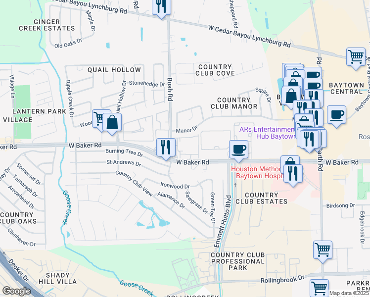 map of restaurants, bars, coffee shops, grocery stores, and more near 2800 West Baker Road in Baytown