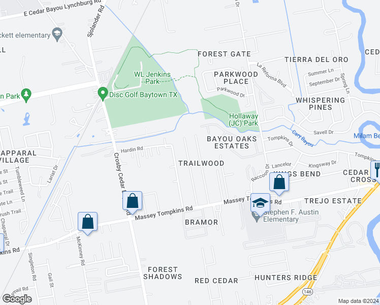 map of restaurants, bars, coffee shops, grocery stores, and more near 4018 Cary Creek Drive in Baytown