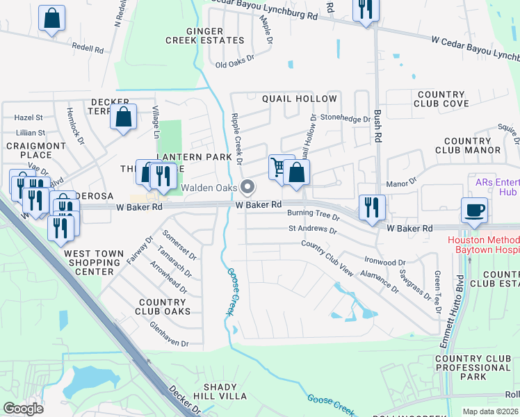 map of restaurants, bars, coffee shops, grocery stores, and more near 4816 Burning Tree Drive in Baytown