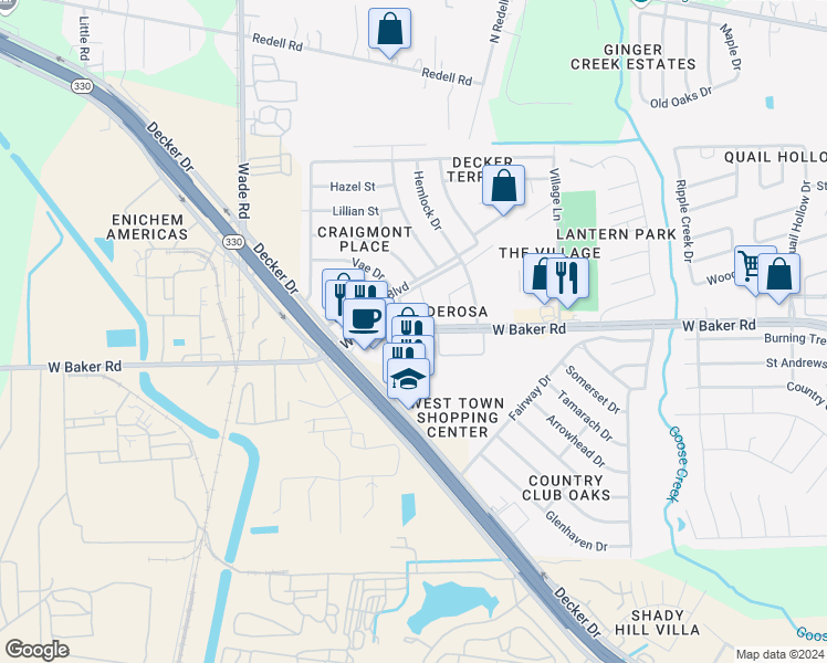 map of restaurants, bars, coffee shops, grocery stores, and more near 4220 West Baker Road in Baytown