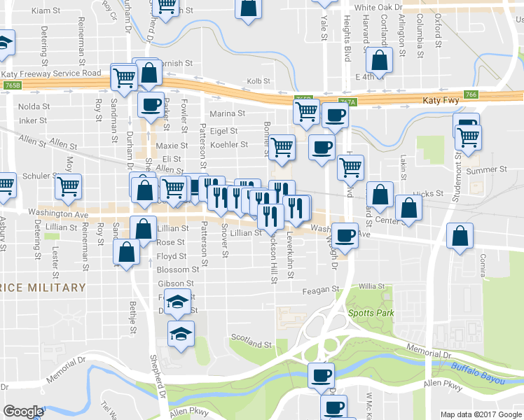 map of restaurants, bars, coffee shops, grocery stores, and more near 4120 Washington Avenue in Houston
