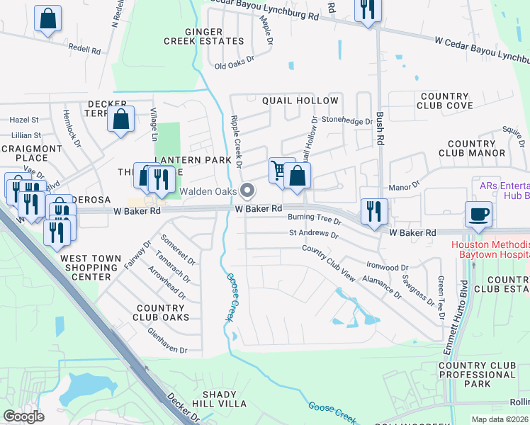 map of restaurants, bars, coffee shops, grocery stores, and more near 4816 Burning Tree Drive in Baytown