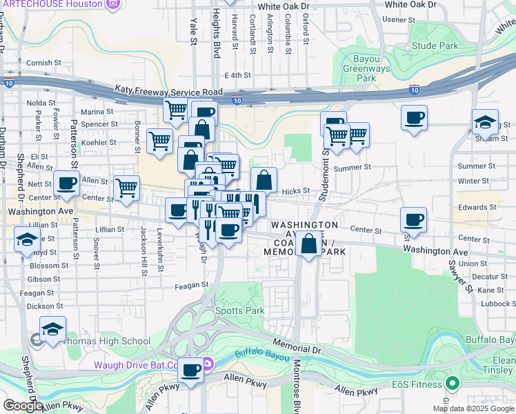 map of restaurants, bars, coffee shops, grocery stores, and more near 1115 Wagner Street in Houston