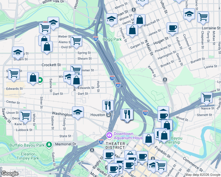 map of restaurants, bars, coffee shops, grocery stores, and more near 1005 Edwards Street in Houston