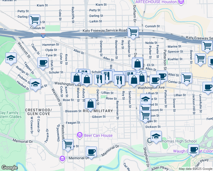 map of restaurants, bars, coffee shops, grocery stores, and more near 5306 Washington Avenue in Houston