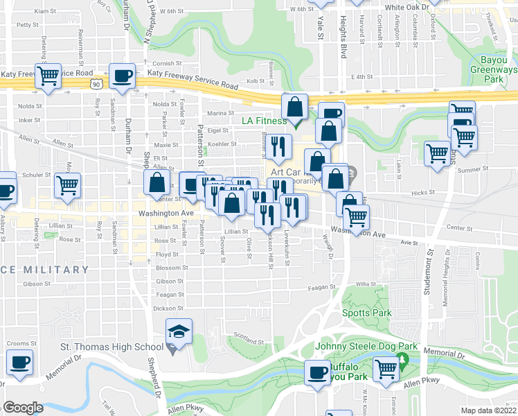 map of restaurants, bars, coffee shops, grocery stores, and more near 4120 Washington Avenue in Houston