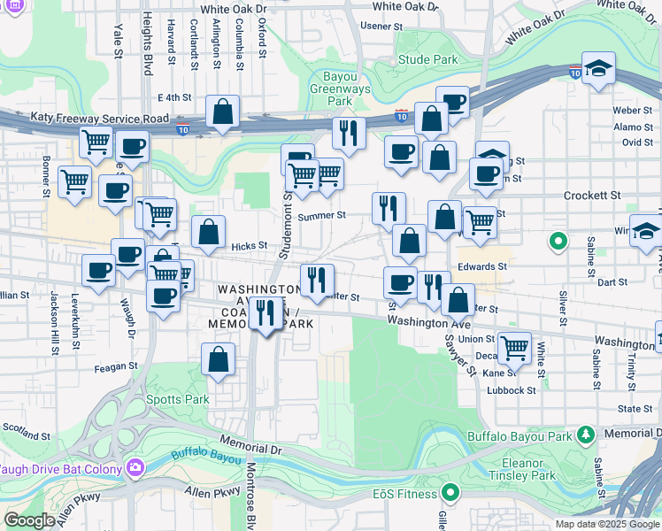 map of restaurants, bars, coffee shops, grocery stores, and more near 1200 National Street in Houston