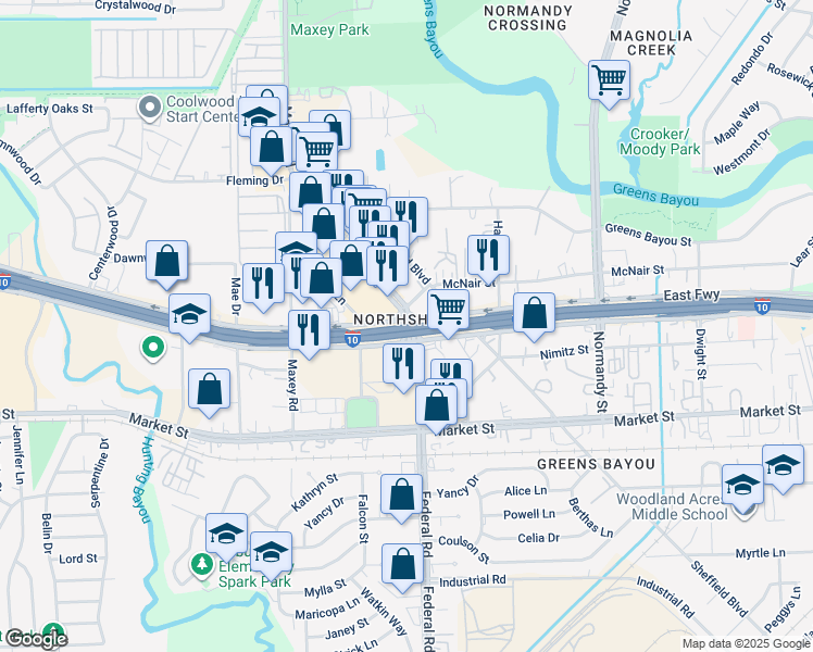 map of restaurants, bars, coffee shops, grocery stores, and more near 1056 Farm to Market Road 526 in Houston