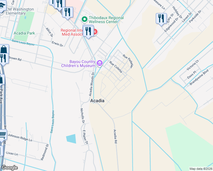 map of restaurants, bars, coffee shops, grocery stores, and more near 336 Rue Colette in Thibodaux
