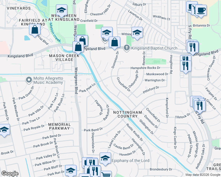 map of restaurants, bars, coffee shops, grocery stores, and more near 1043 Shillington Drive in Katy