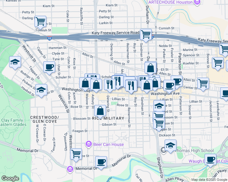 map of restaurants, bars, coffee shops, grocery stores, and more near 5306 Washington Avenue in Houston