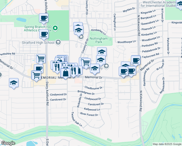 map of restaurants, bars, coffee shops, grocery stores, and more near 14330 Memorial Drive in Houston