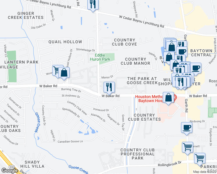 map of restaurants, bars, coffee shops, grocery stores, and more near 2800 West Baker Road in Baytown