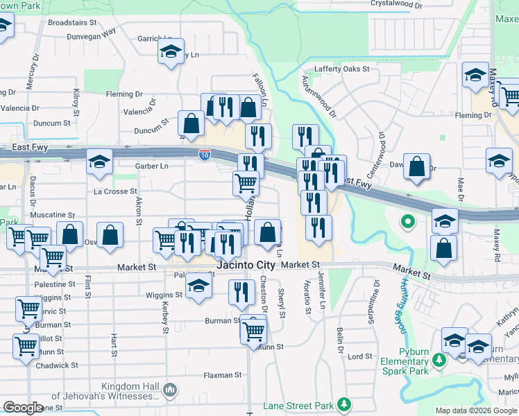 map of restaurants, bars, coffee shops, grocery stores, and more near 11105 Muscatine Street in Houston