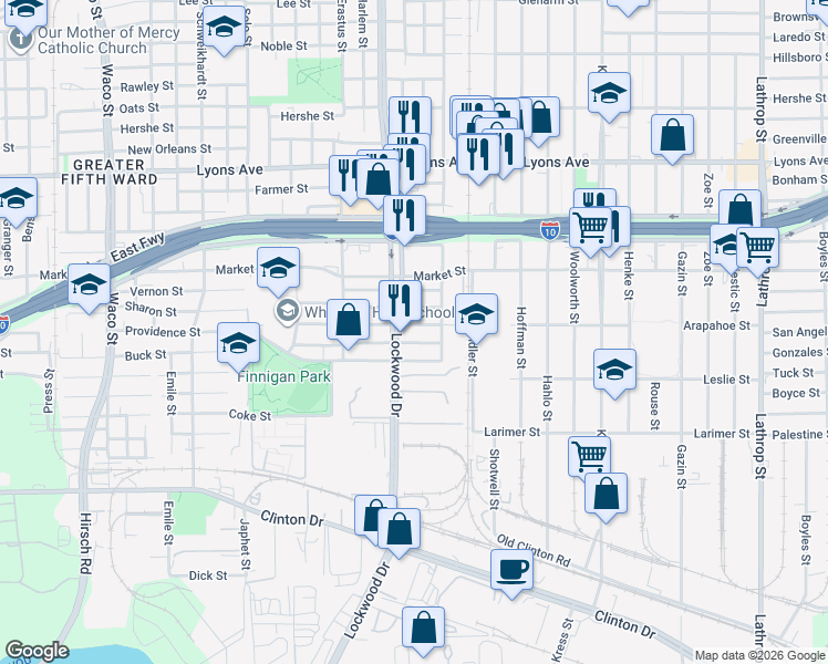 map of restaurants, bars, coffee shops, grocery stores, and more near 5527 Margarita Street in Houston