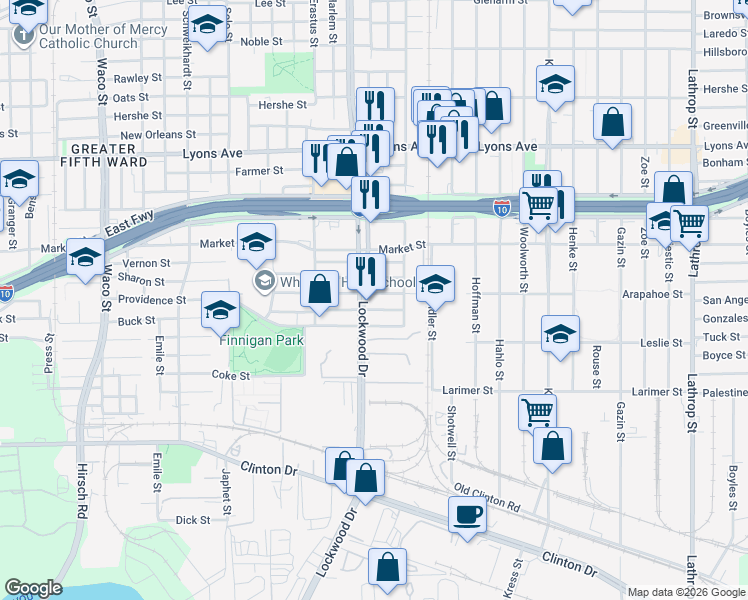 map of restaurants, bars, coffee shops, grocery stores, and more near 5527 Margarita Street in Houston