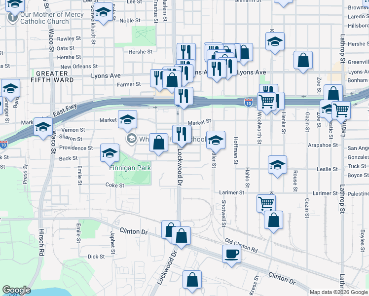 map of restaurants, bars, coffee shops, grocery stores, and more near 5527 Margarita Street in Houston