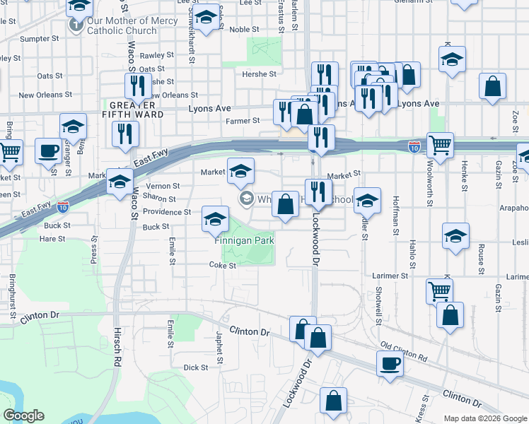 map of restaurants, bars, coffee shops, grocery stores, and more near 5205 Margarita Street in Houston