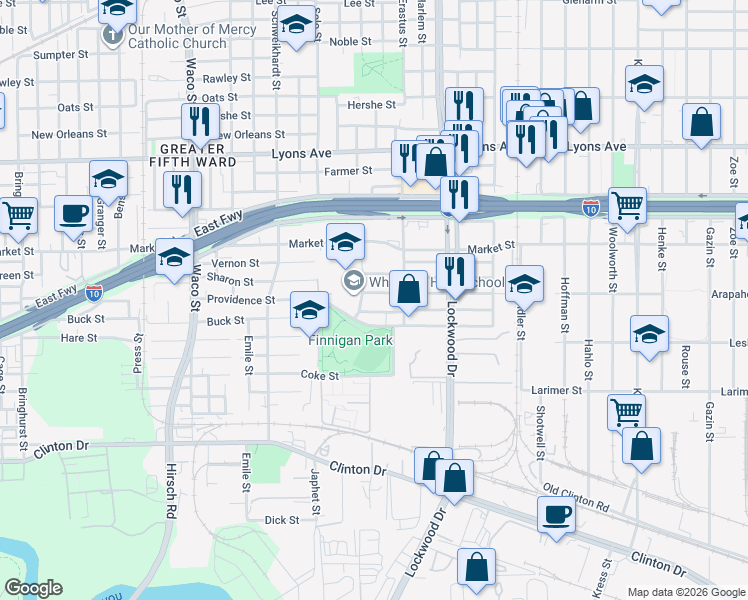 map of restaurants, bars, coffee shops, grocery stores, and more near 5205 Margarita Street in Houston