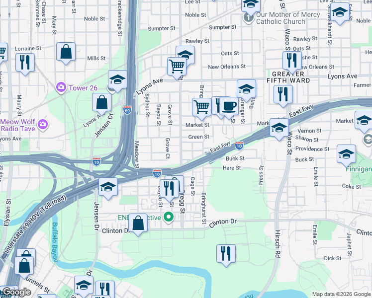 map of restaurants, bars, coffee shops, grocery stores, and more near 1014 Gregg Street in Houston