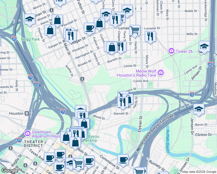 map of restaurants, bars, coffee shops, grocery stores, and more near 1301 Conti St in Houston