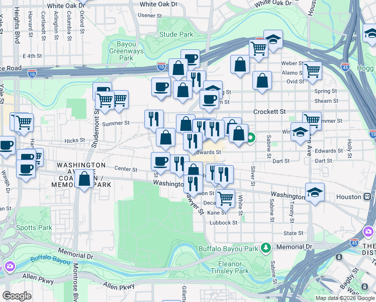 map of restaurants, bars, coffee shops, grocery stores, and more near 1215 Sawyer Street in Houston
