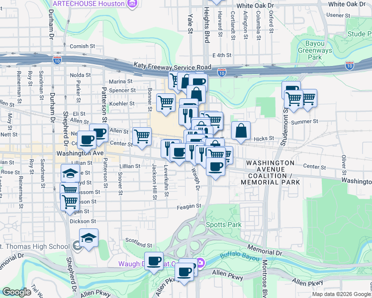 map of restaurants, bars, coffee shops, grocery stores, and more near 76 Yale Street in Houston