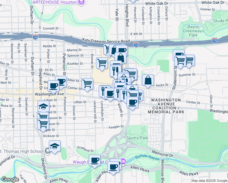 map of restaurants, bars, coffee shops, grocery stores, and more near 76 Yale Street in Houston