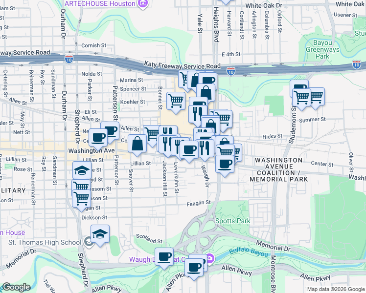 map of restaurants, bars, coffee shops, grocery stores, and more near 3990 Washington Avenue in Houston