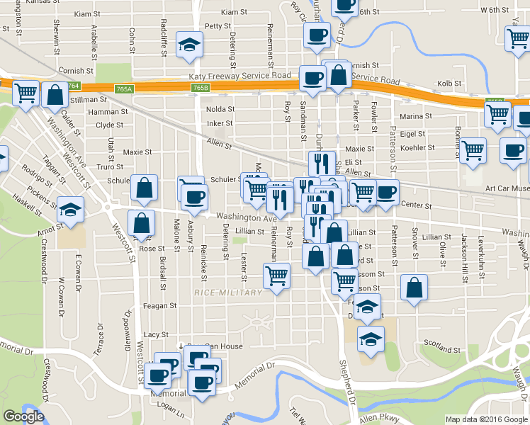 map of restaurants, bars, coffee shops, grocery stores, and more near in Houston