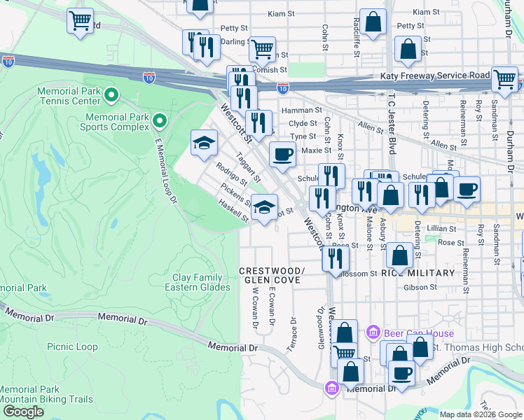map of restaurants, bars, coffee shops, grocery stores, and more near 6202 Pickens Street in Houston