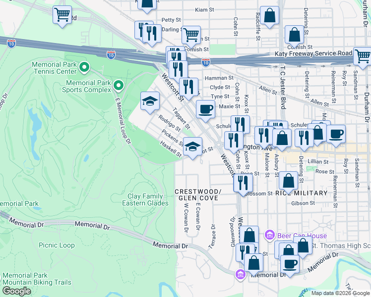 map of restaurants, bars, coffee shops, grocery stores, and more near 6308 Haskell Street in Houston