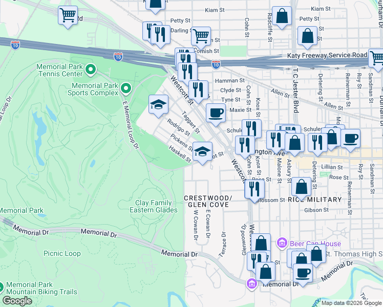 map of restaurants, bars, coffee shops, grocery stores, and more near 6308 Haskell Street in Houston