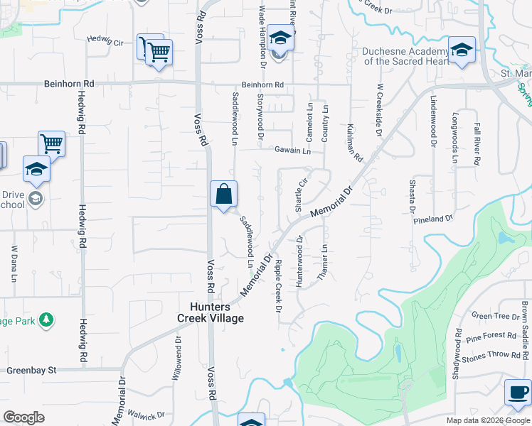 map of restaurants, bars, coffee shops, grocery stores, and more near 611 Hunters Grove Lane in Houston