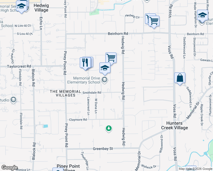 map of restaurants, bars, coffee shops, grocery stores, and more near 402 Oak Lane in Houston