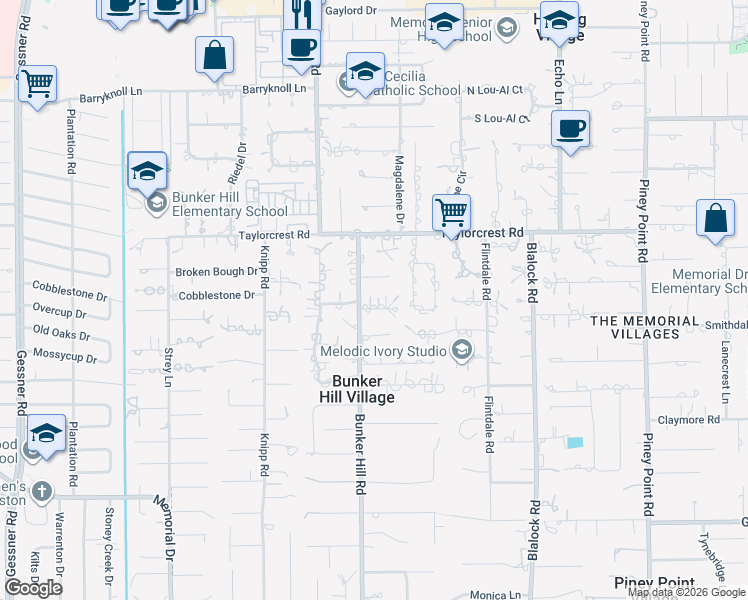 map of restaurants, bars, coffee shops, grocery stores, and more near 11719 Cobblestone Drive in Houston