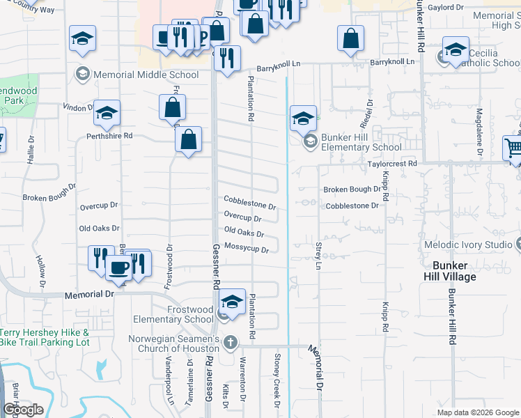map of restaurants, bars, coffee shops, grocery stores, and more near 12126 Overcup Dr in Houston