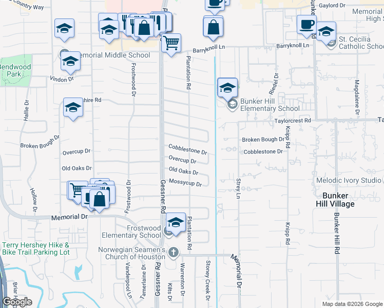 map of restaurants, bars, coffee shops, grocery stores, and more near 12206 Overcup Drive in Houston